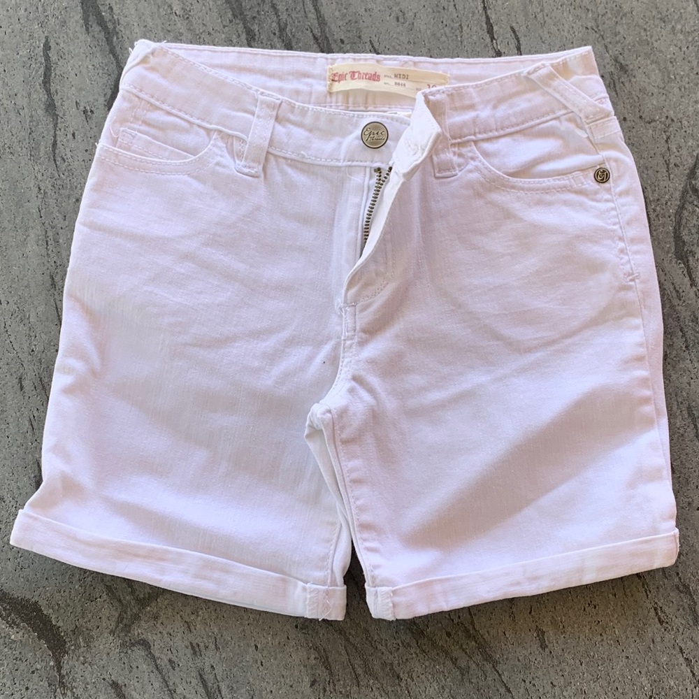 Girl's Solid White Denim Shorts Bermuda Midi Rise